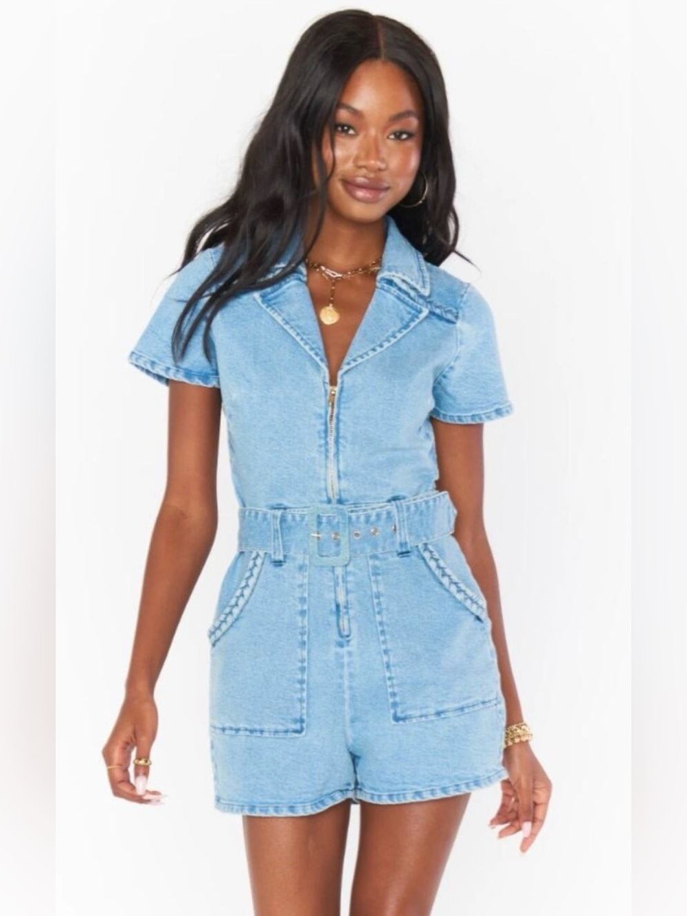 Show Me Your Mumu Outlaw Denim Romper Medium M Tide Blue Front Zip Belted